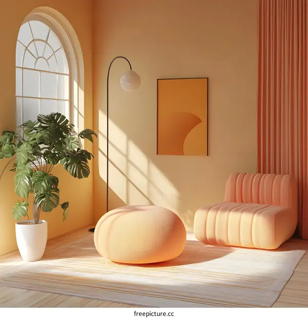 Modern Living Room Interior Design with Orange Sofa and Floor Lamp