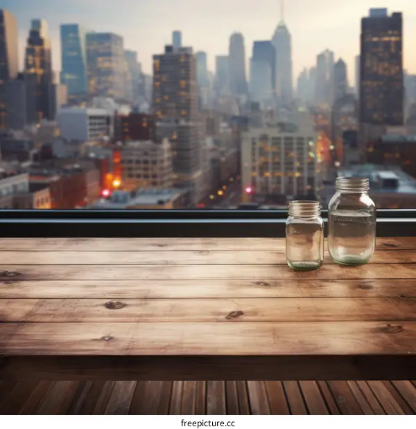 Empty glass jars on wooden table with blurred cityscape in the background