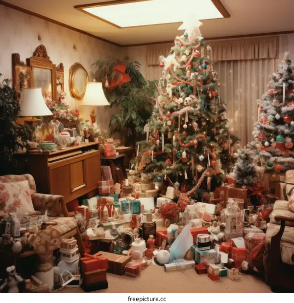 A living room with a large Christmas tree and many presents