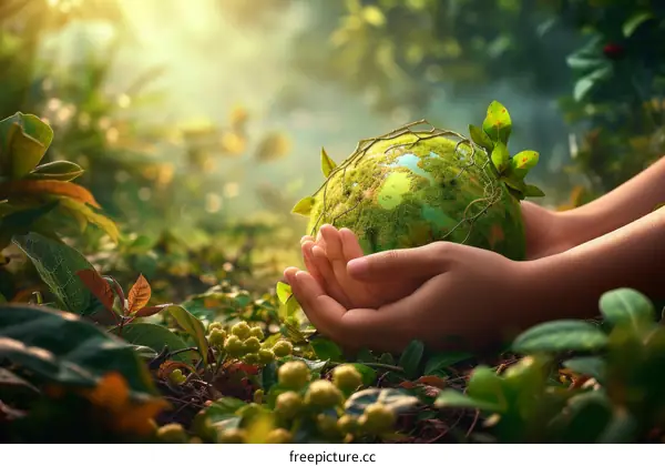 A green globe is held in a person's hands with a forest background