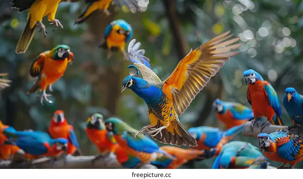 A flock of colorful parrots in a lush green jungle