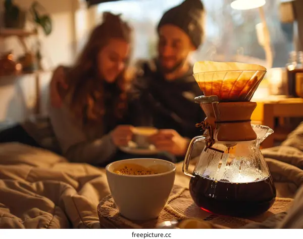 Couple enjoying coffee in a cozy home