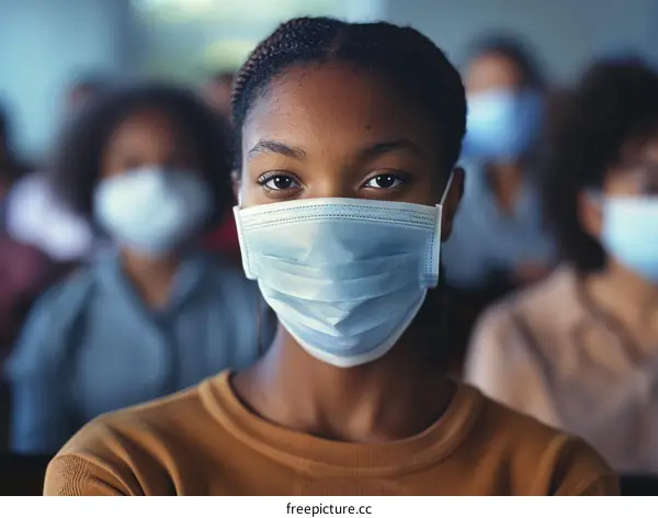 Close up of a young female college student wearing a mask in class