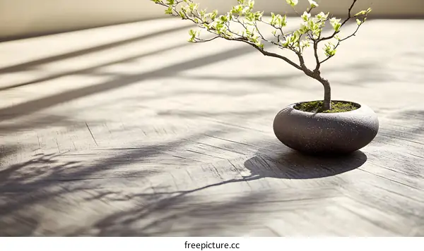 Small Bonsai Tree in a Pot on a Wooden Floor
