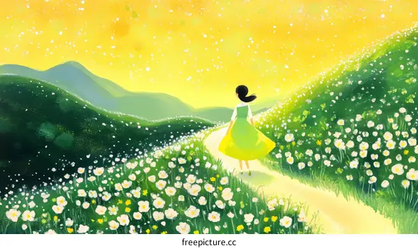 A Girl Walking Through a Field of Flowers at Sunrise