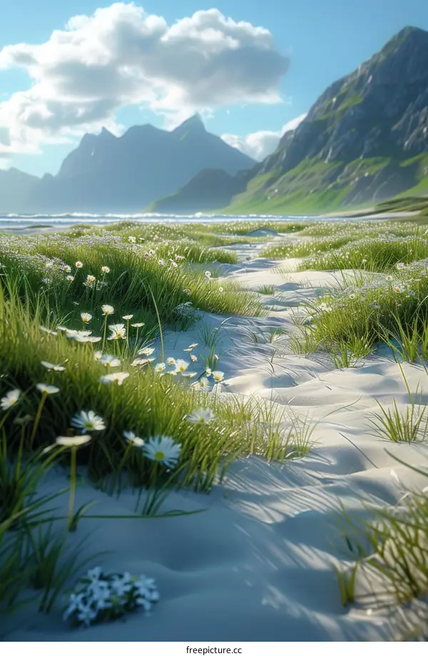 Daisy Field on a Beach with Mountain Views