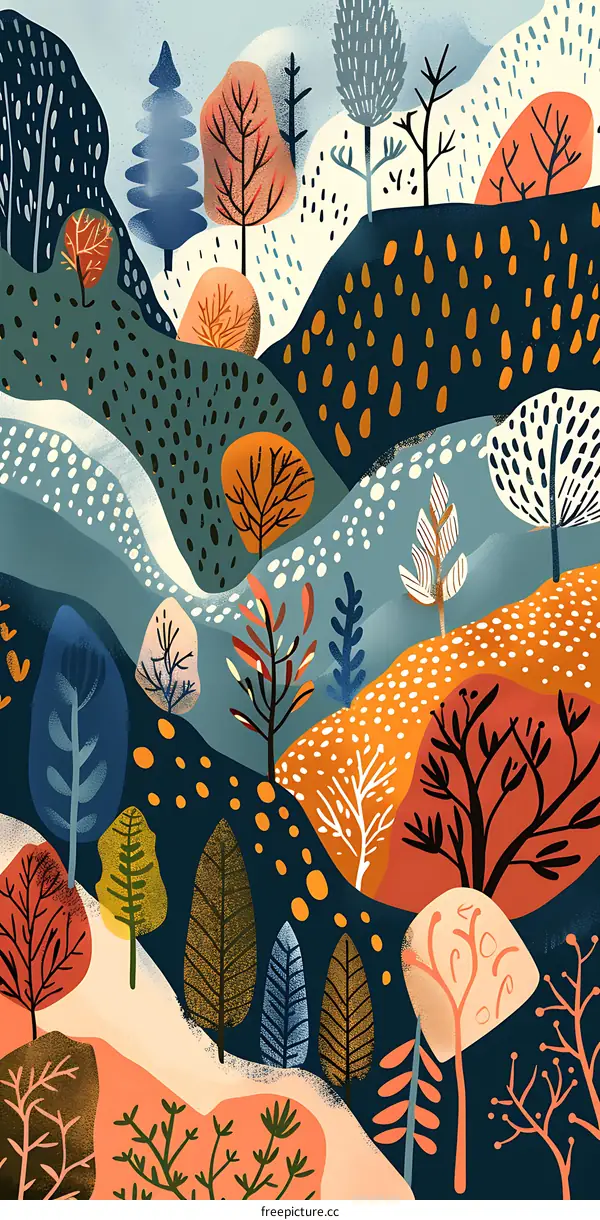 Abstract Forest Landscape with Colorful Trees and Dots