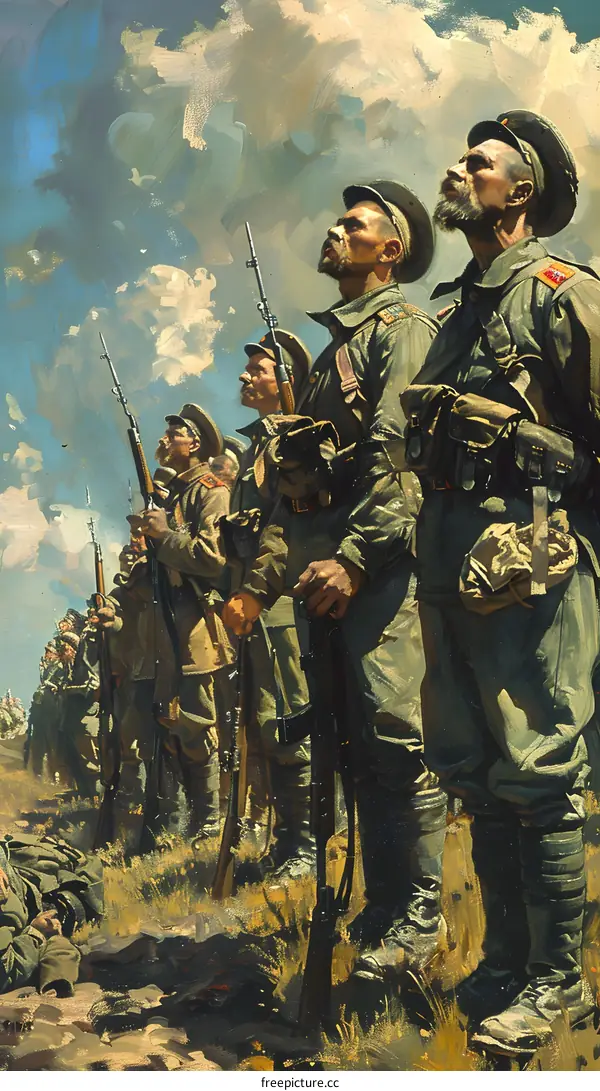 A group of soldiers standing in a field, looking upwards