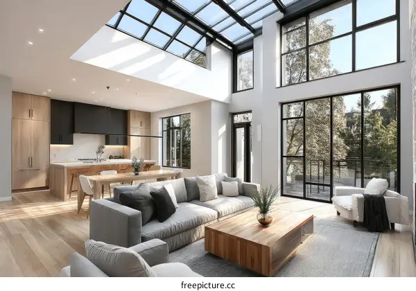 Modern Open-Concept Living Area with Skylight