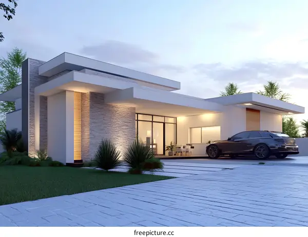 Modern Minimalist House Design with Stone Wall and Black Car