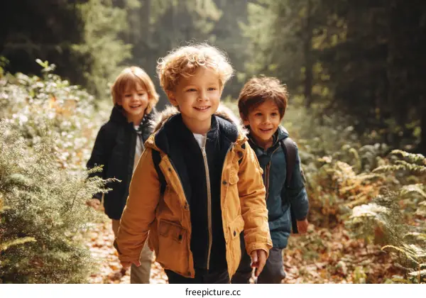 Three Children Hiking in Autumn Forest