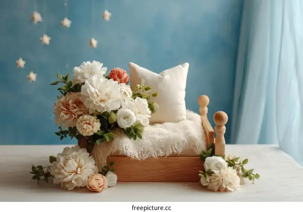 Baby Photography Props Wooden Bed with Flowers