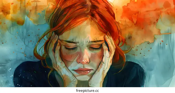 A woman with red hair is holding her head in pain.