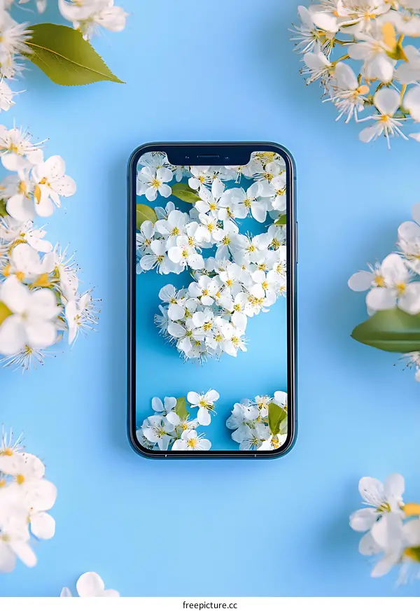 White Flowers on Blue Background with Phone