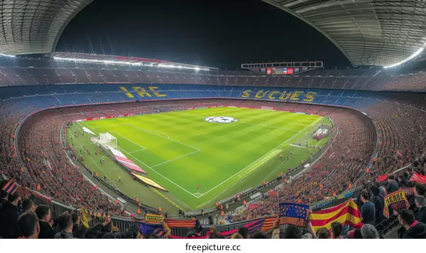 Fans watching a football match at Camp Nou stadium in Barcelona, Spain