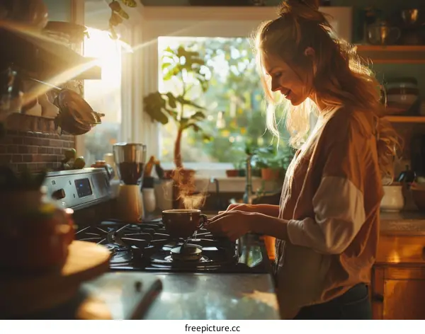 Young woman making coffee in the kitchen
