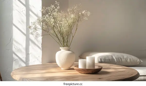Minimalist wooden table with a vase of flowers and two candles