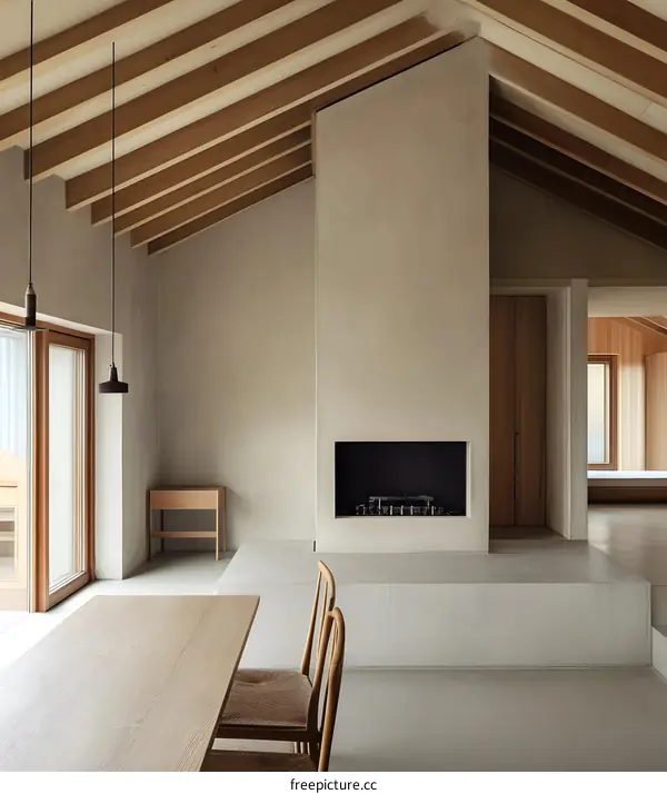 Modern Minimalist Living Room Interior Design with Exposed Wooden Beams and Fireplace