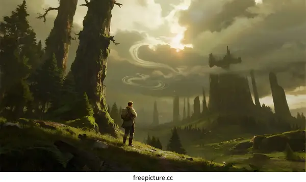 Mysterious Fantasy Landscape with Floating Islands and Ancient Trees