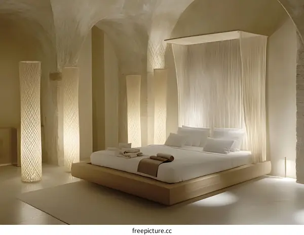 Modern Minimalist Bedroom Interior Design with White Bed and Canopy