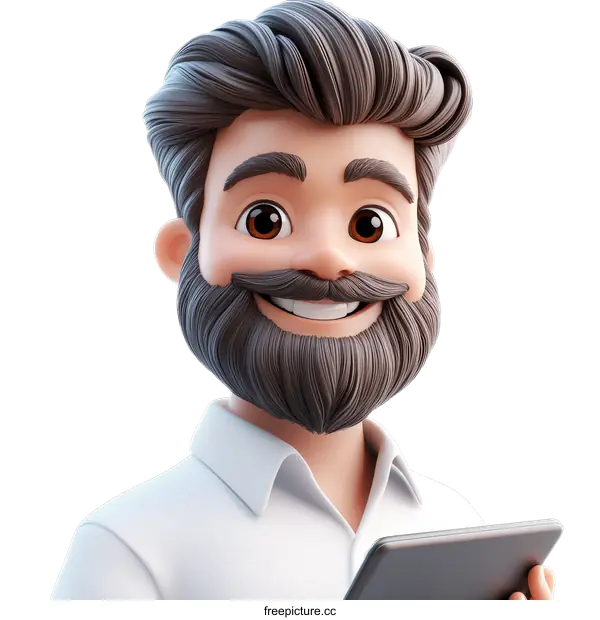 [Transparent Background PNG]Cartoon Illustration of a Smiling Man with a Tablet