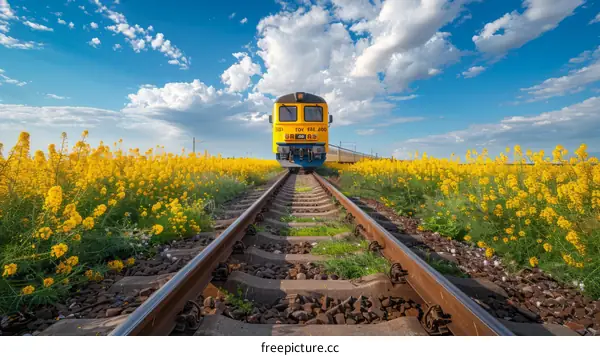 Yellow flower field with train tracks through the middle