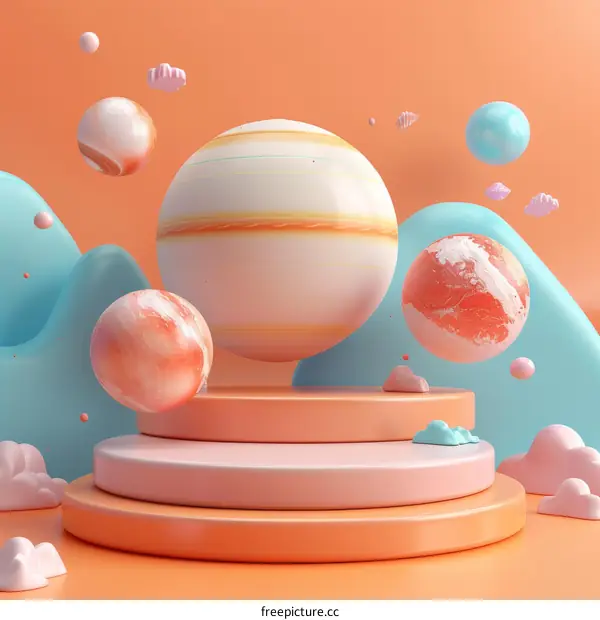 Abstract Colorful Planets on a Pastel Platform