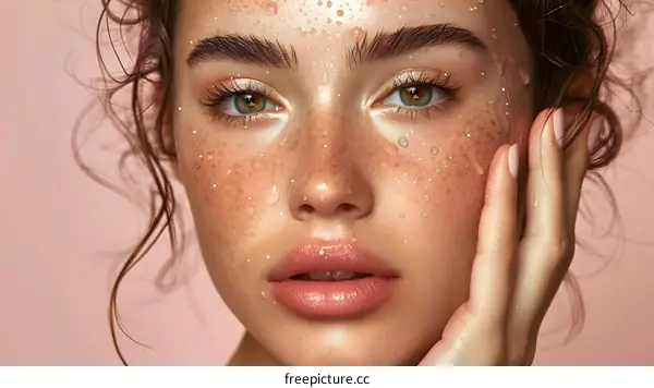 Close up portrait of a beautiful young woman with water drops on her face