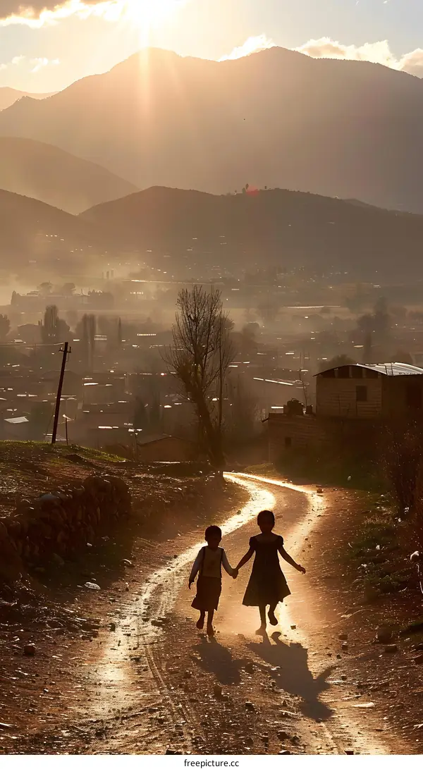 Two Children Walking Down a Dusty Road at Sunset in the Mountains