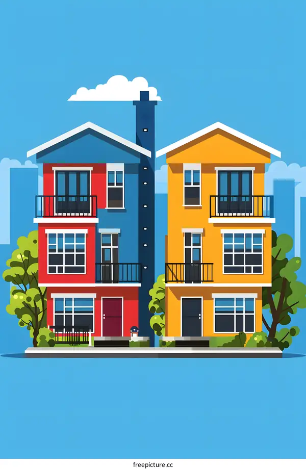 Colorful Two Story Houses Illustration