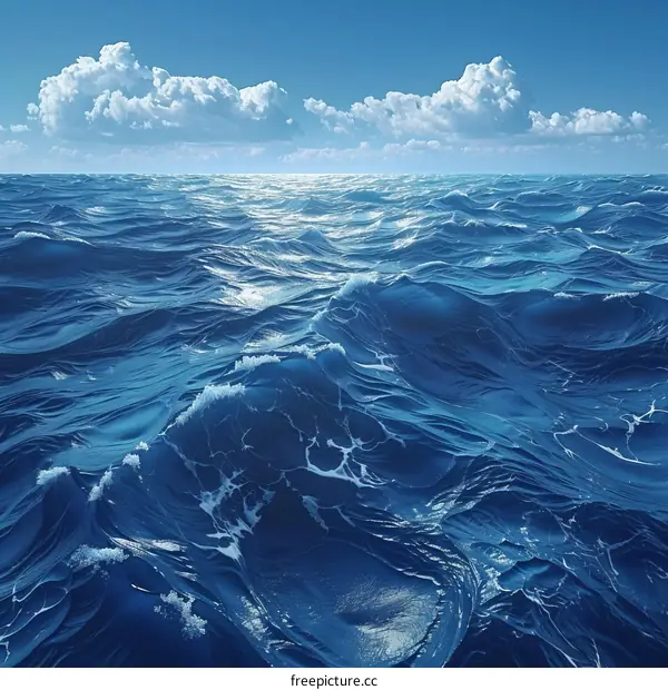 Deep blue ocean with white clouds in the sky