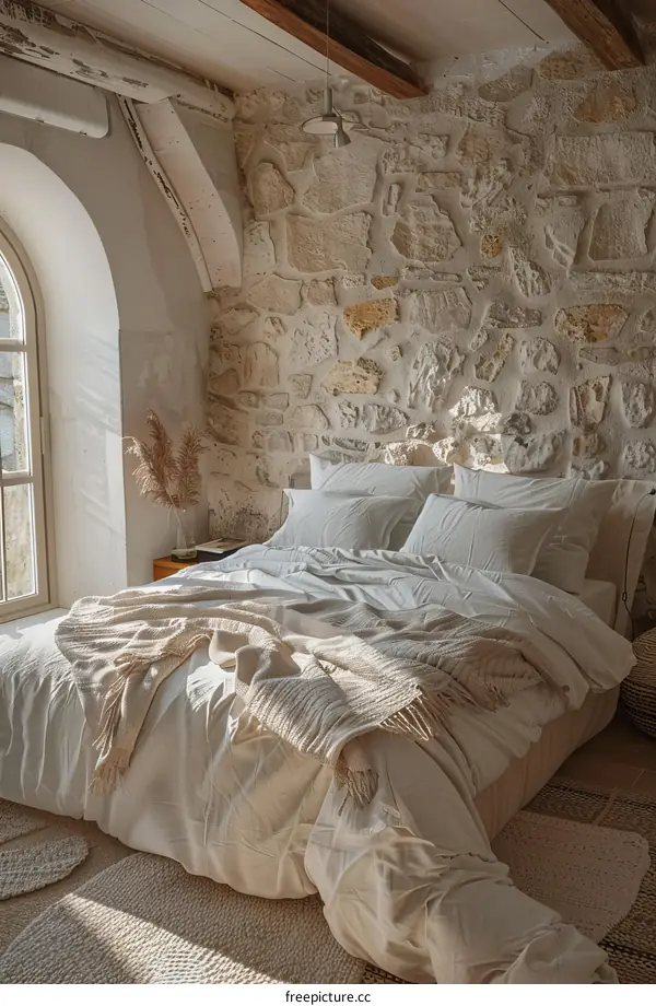 Cozy Beige Bedding in a Rustic Stone House