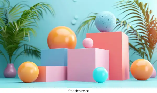 3D rendering of geometric shapes with pastel colors and tropical leaves