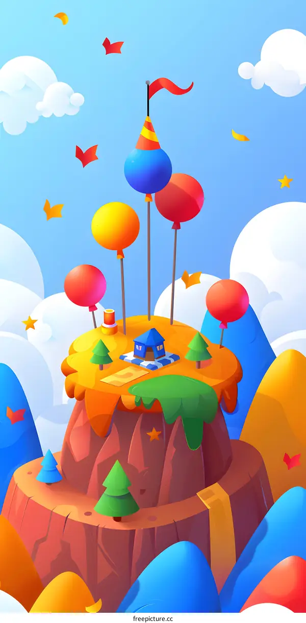 Colorful Cartoon Illustration of a Mountain Top with Balloons and a Tiny House