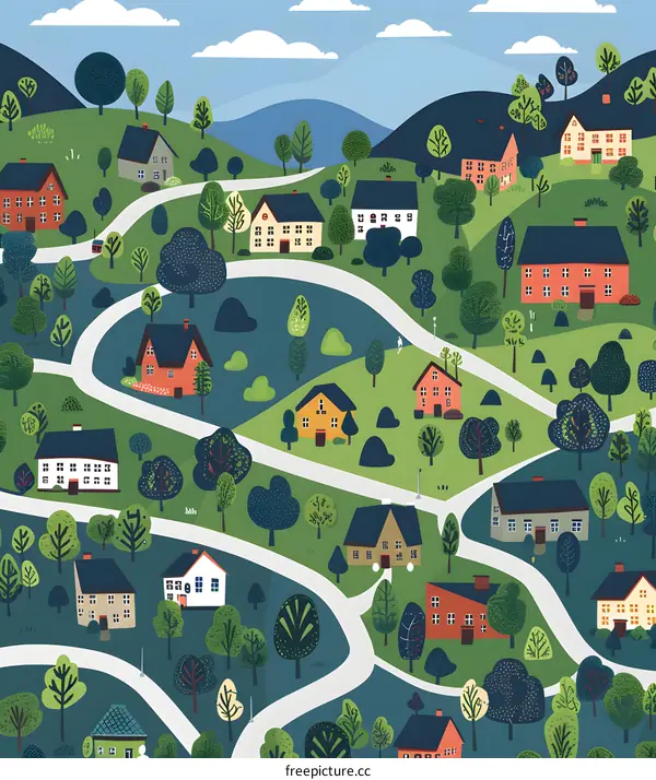 Colorful Houses Illustration of Small Town Surrounded by Green Trees