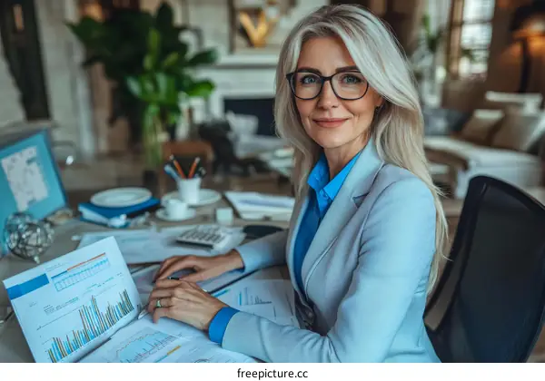 Businesswoman Analyzing Financial Data in Modern Office