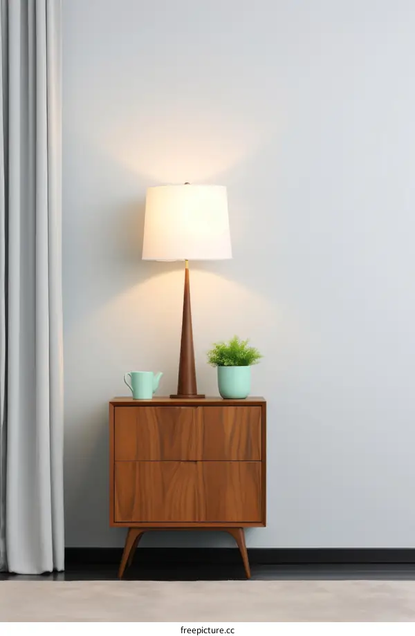 White Nightstand with Lamp and Plant in Bedroom Interior
