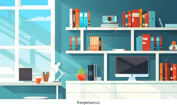 Modern Office Workspace Illustration with Bookshelves and Desk