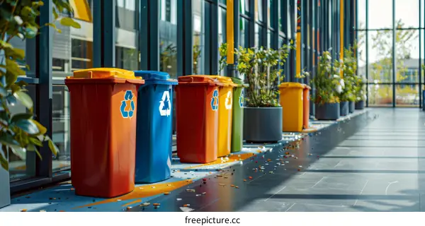 Colorful Recycling Bins in a Modern Office