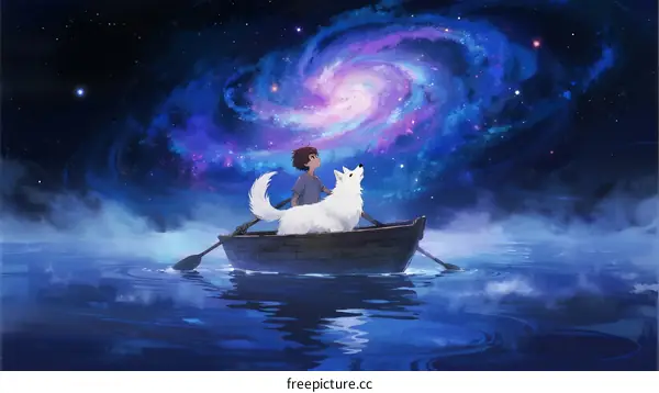 A Boy and a Dog Rowing a Boat Under a Spiral Galaxy