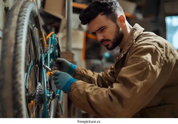 Man Working on Bike in Workshop