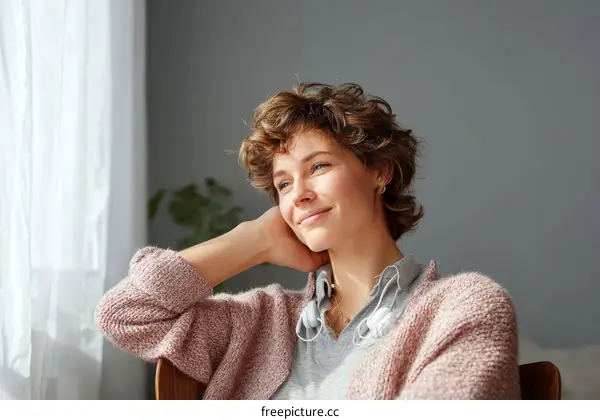 Smiling Woman Relaxing by the Window