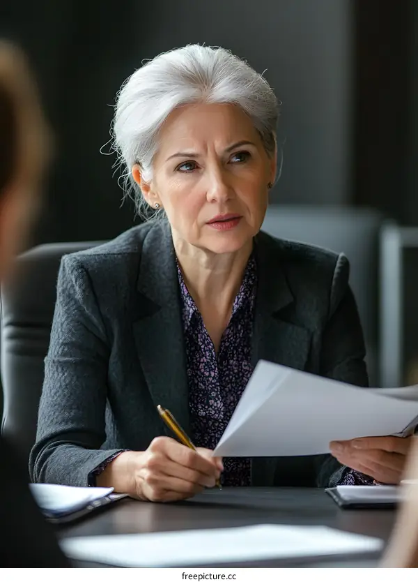 Businesswoman Reviewing Documents at Meeting