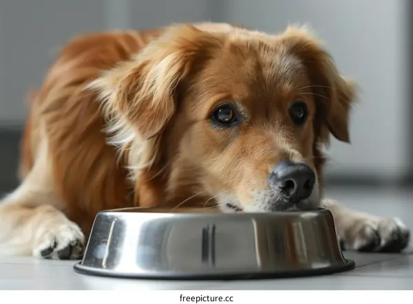 A brown dog is lying on the floor with its head resting on a metal bowl