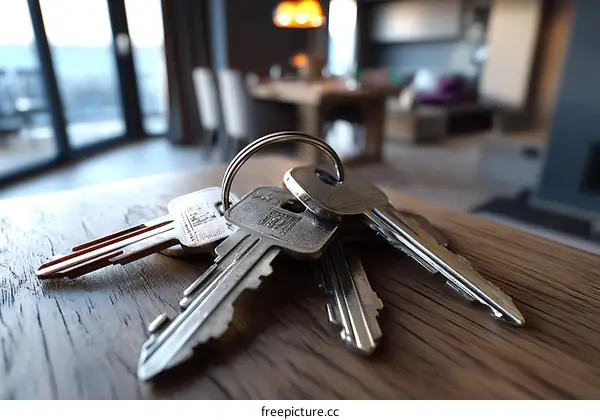House Keys on Wooden Table Interior View