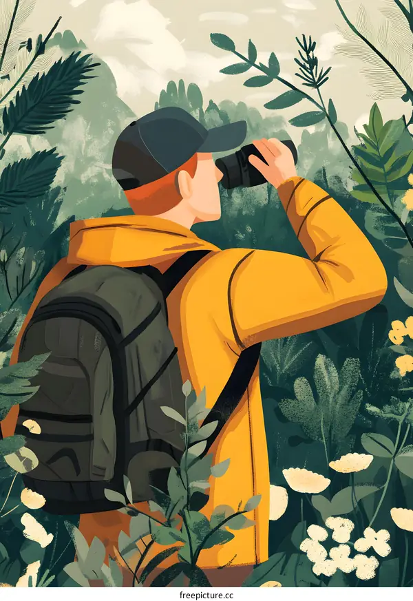 Man Looking Through Binoculars in the Forest