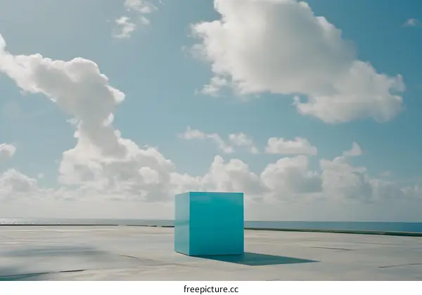 Blue Cube on a Concrete Platform with Ocean and Clouds in the Background