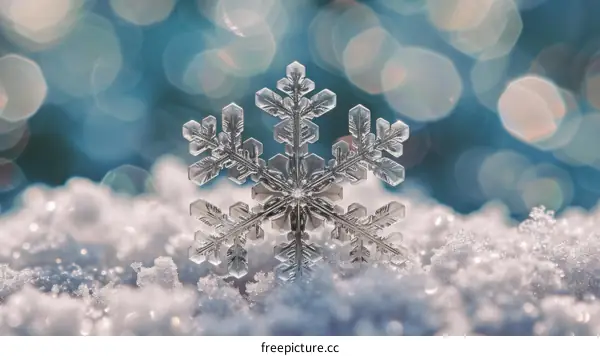 A beautiful snowflake on a snow covered surface with a blurred background.