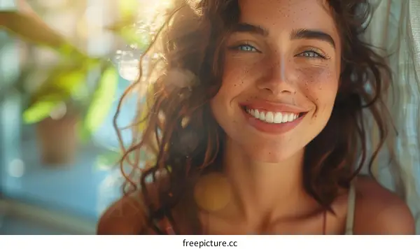 Smiling Woman with Freckles in Sunlight