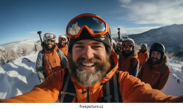 A group of male friends on a snowy mountain